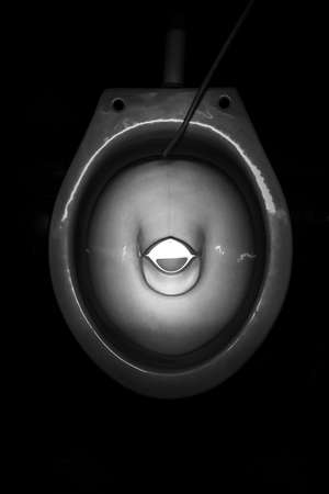 A greyscale of a toilet under the lights against a dark backgroundの写真素材