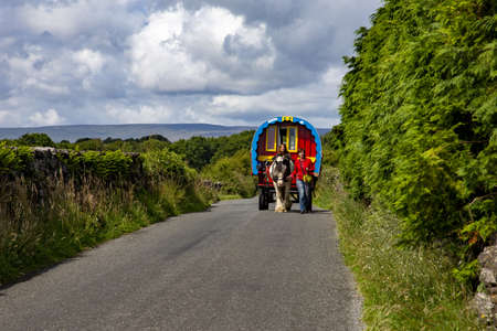 MUCKLOON, COUNTY MAYO, IRELAND - Aug 06, 2019: Gypsy caravan hired out to tourists for a walking...