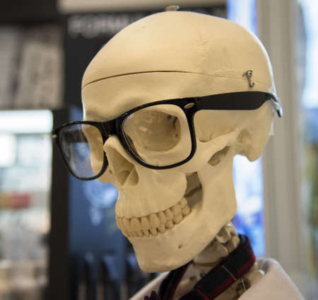 SAN FRANCISCO, UNITED STATES - Jan 03, 2019: A closeup shot of a white human skull with black glasses on blurred backgroundのeditorial素材