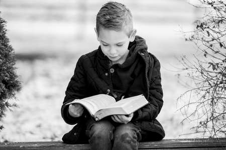 A greyscale of a little boy sitting on wooden planks and reading the bible under sunlightの写真素材
