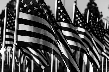 A greyscale closeup of the US flags on the ground under sunlight with a blurry backgroundの写真素材