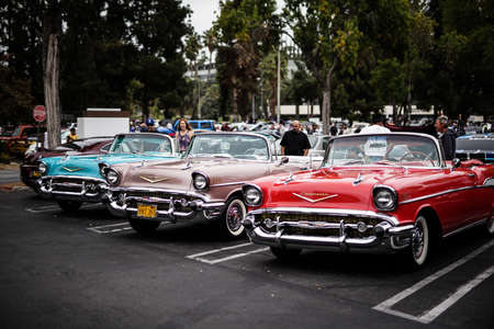LOS ANGELES, UNITED STATES - Nov 13, 2019: Beautiful 1950's Chevrolet Bel Air cars at the cars and...