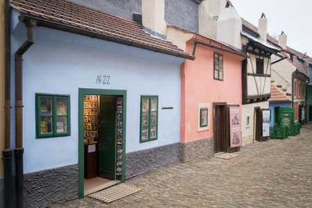 PRAGUE, CZECH REPUBLIC - Feb 21, 2014: Prague, Czech Republic, February 2014: View on Famous golden lane in Prague Czech Republic where Franz Kafka was living, in his little blue houseのeditorial素材