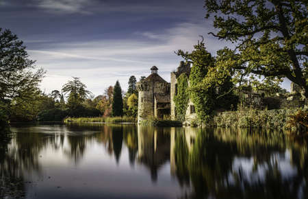 A beautiful scenery of a castle reflecting in the clear lake surrounded by different kinds of plantsのeditorial素材
