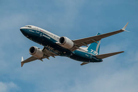 WASHINGTON, DC, UNITED STATES - Jul 16, 2018: Boeing 737-7 MAX displaying at the Farnborough International Airshow in July 2018のeditorial素材