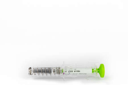 LEEDS, UNITED KINGDOM - Jan 27, 2019: Isolated Tocilizumab  injection for arthritis on a white background bottom of the frame.のeditorial素材