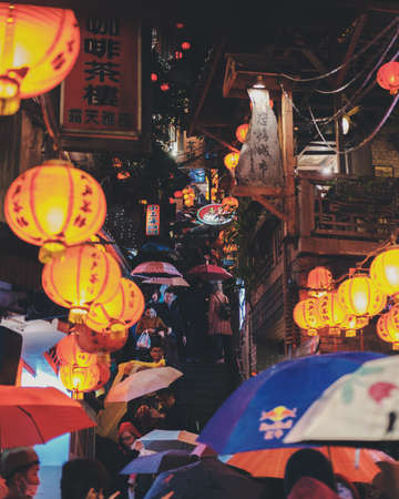 JIUFEN, TAIWAN - Nov 30, 2019: Crowded Jiufen, Taiwan at nighttime. Even though it was crowded, it was still colorful, historic, and a moment to capture.のeditorial素材