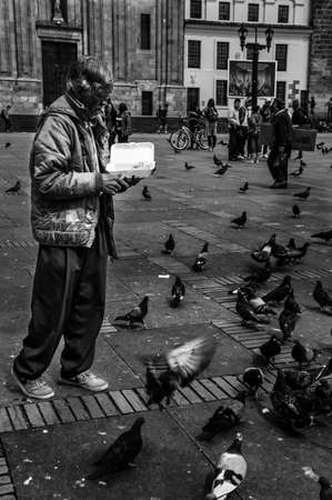 BOGOTÃ¡, COLOMBIA - Apr 24, 2017: Man feeds pigeons at Plaza de Bolivar in BogotÃ¡, Colombia.のeditorial素材