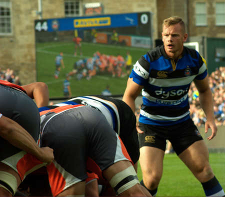 BATH, ENGLAND, UNITED KINGDOM - Sep 10, 2016: Bath Rugby play Newcastle Falcons  in an Aviva Premiership match, Recreation Ground, Bath.  10 September 2016. Bath won the game 58-5.のeditorial素材