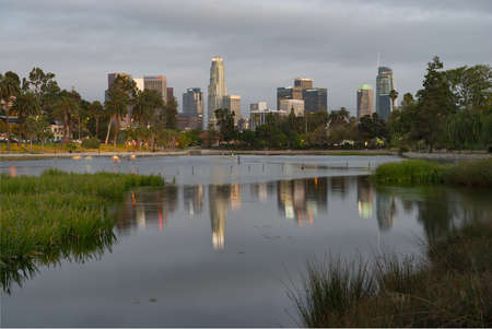 LOS ANGELES, UNITED STATES - Jun 10, 2017: View of the Echo Park Lake with downtown Los Angeles skyline in the background at sunset.のeditorial素材