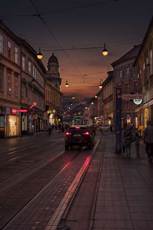 ZAGREB, CROATIA - May 14, 2019: Evening in Zagreb, Croatia. Street: Ilica. Street lights and traffic.のeditorial素材