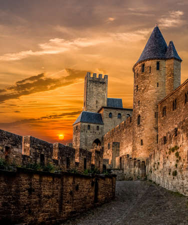 The beautiful old castles in fortified city of Carcassonne during sunset