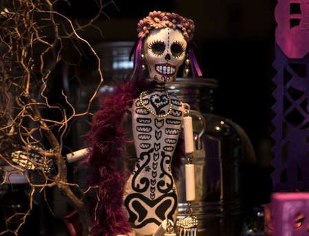 GENEVA, SWITZERLAND - Nov 26, 2017: Mexican dead bride with flowers (skeleton)のeditorial素材