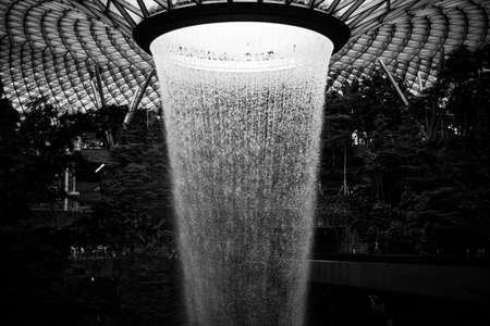 A greyscale of a Changi airport fountain surrounded by greenery during daytime