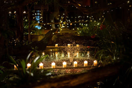 A closeup selective focus shot of lit candles in a tropical environment at nightの写真素材