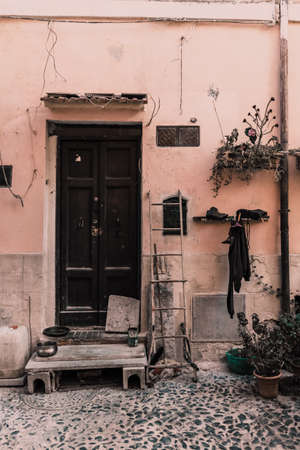 A vertical shot of an old house with a wooden door and plants in front of the wallのeditorial素材