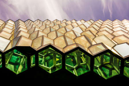 REYKJAVIK, ICELAND - Jul 08, 2019: Reykjavik, Iceland, July 2019: Architecture close-up and detail of the Glass window design of the Harpa concert hall and conference centreのeditorial素材