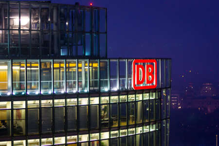 BERLIN, GERMANY - Mar 09, 2013: Berlin, Potsdamer Platz, March 2013:  Night view of the Deutsche Bahn (DB) office buildingのeditorial素材