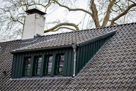 A landscape shot of a gray rooftop with a green window and white chimneyの写真素材