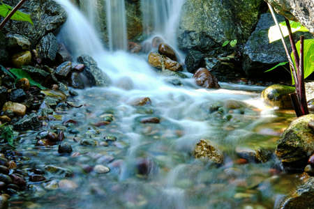 A selective focus shot of the mossy stones in the foamy riverの写真素材