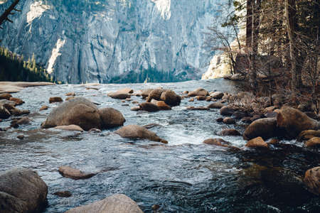 A river surrounded by rocks and greenery under the sunlight in the Yosemite Valleyの写真素材