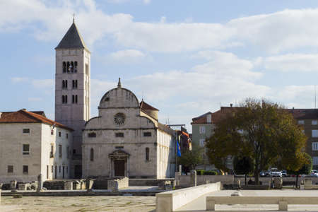 A panoramic full shot of the Church of St. Donatus with the bell tower in Zadar Croatiaの写真素材