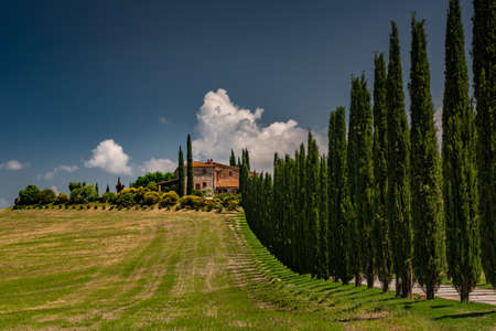 A beautiful shot of a house with aligned green trees in val d'orcia tuscany italy with a cloudy blue...