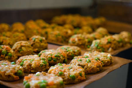A closeup shot of vegan patties prepared for a local event in Kongsberg, Norwayの写真素材