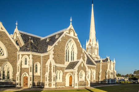 A large building with towers in the city of Graaff-Reinet in South Africaの写真素材