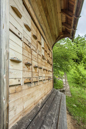 A vertical closeup shot of a wooden bee house in the countryside