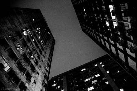 A low angle grayscale shot of three buildings in downtown Rioの写真素材