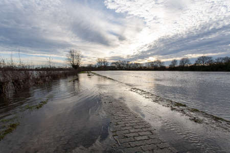 The farmland flooded by a river with trees in the distance under a cloudy sky in Hollandの写真素材