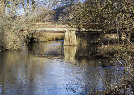 A beautiful shot of beam bridge over a narrow river  surrounded by trees and branches