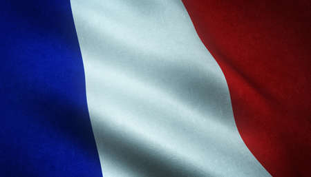 A closeup shot of the waving flag of France with interesting texturesの写真素材