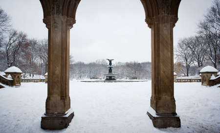 A beautiful winter park view with archs in the foregroundの写真素材