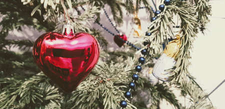 A beautiful Christmas tree decorated with different ornamentsの写真素材