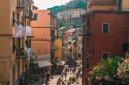 CINQUE TERRE, ITALY - Aug 10, 2018: Street between buildings at Five Earth in Liguria, Italyのeditorial素材