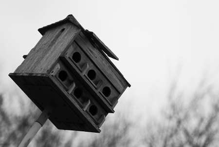 A closeup shot of a small wooden house made for birds tilted in one directionの写真素材