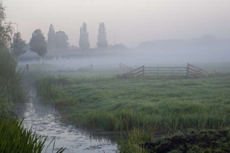 A country scenery of a field covered in the morning fog in Hollandの写真素材