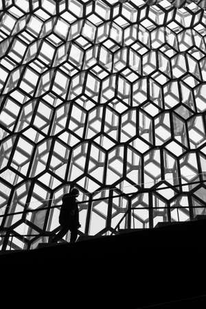 A vertical greyscale shot of a person walking on the stairs inside a building with beautiful abstract wallsの写真素材