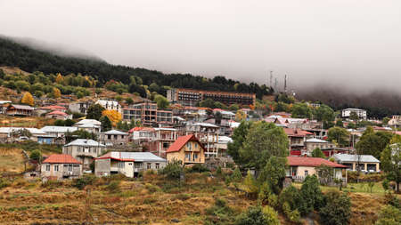 A high angle shot of a town surrounded by a forest covered in fogの写真素材