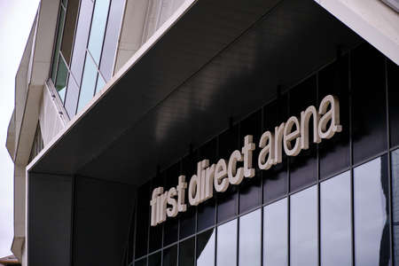 LEEDS, UNITED KINGDOM - Jan 11, 2020: Close up horizontal shot of the First Direct Arena entrance sign within Leeds city centreの写真素材