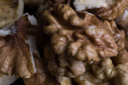 A selective focus shot of walnuts without shellの写真素材