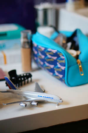 POZNAN, POLAND - Jan 13, 2020: Toy Air France airbus place on a bathroom table in soft focus...