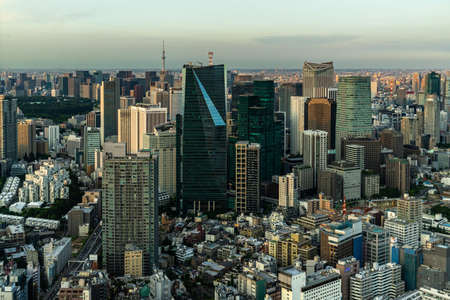 A panoramic shot of Tokyo City with tall skyscrapers under a cloudy skyの写真素材