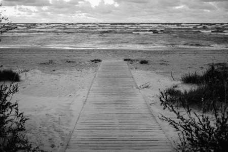 A grayscale shot of a pathway towards the seaの写真素材