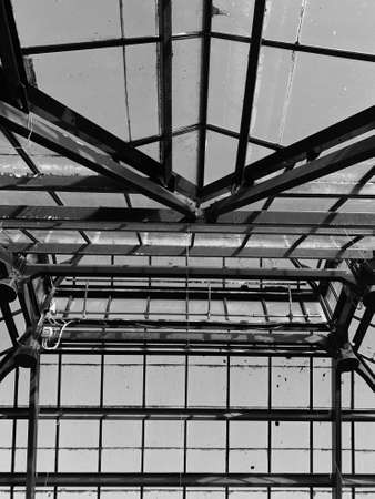 A low angle shot of a roof of a building made of glass and lots of metal frames