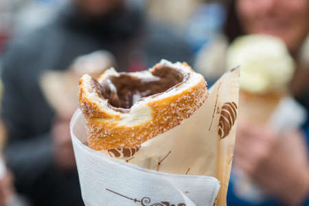 A closeup shot of donut with chocolate on a blurred background