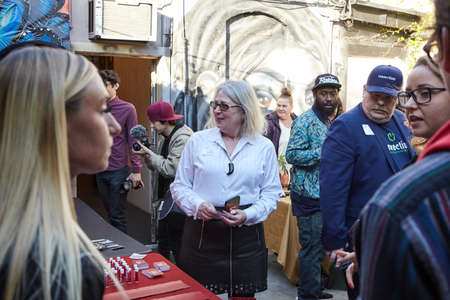 LOS ANGELES, UNITED STATES - Feb 09, 2019: Attendees in the adult-use smoking garden at WeedWeek...