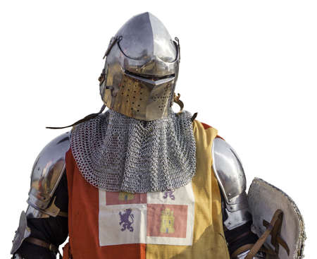 A Spanish medieval knight with a helmet and a shield isolated on a white background